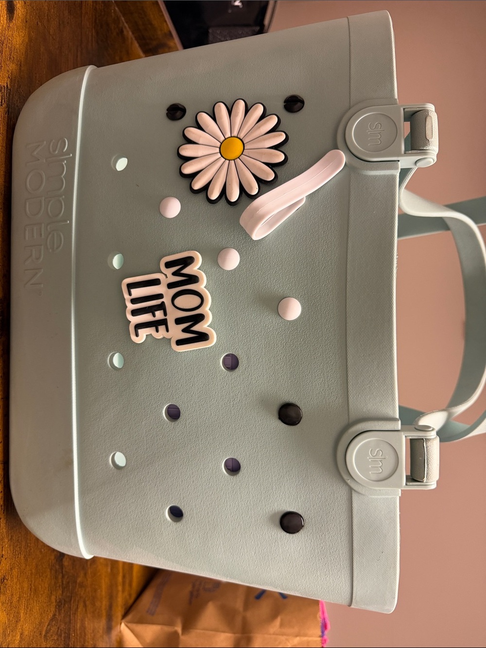 Simple Modern Pale Blue Tote Bag with 'Mom Life' Charm